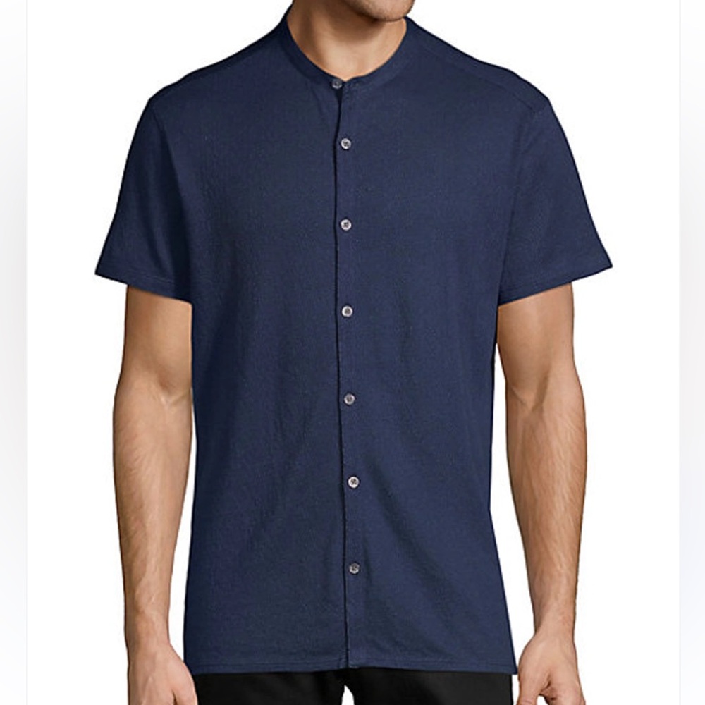 John Varvatos Large Button Up Knit Shirt Navy Blue with Subtle‎ Dot Pattern
